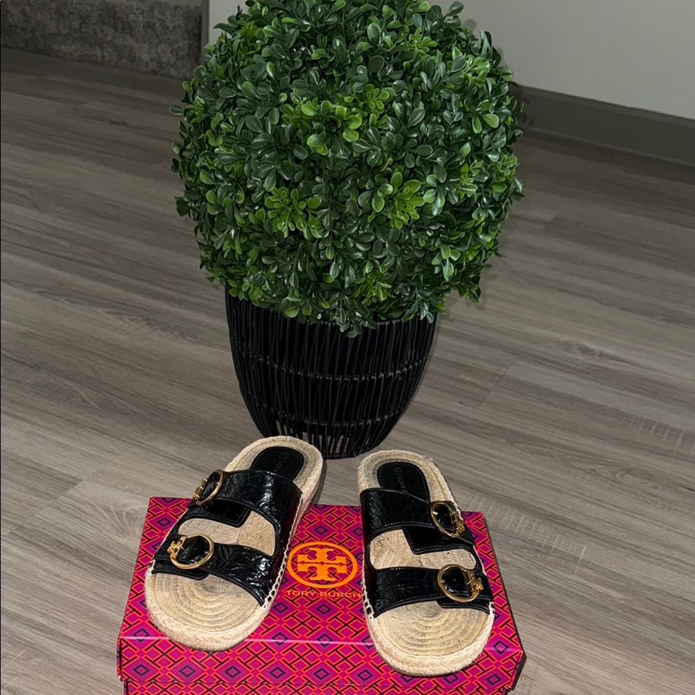 Tory Burch Black Patent Leather Slides with Gold Buckles